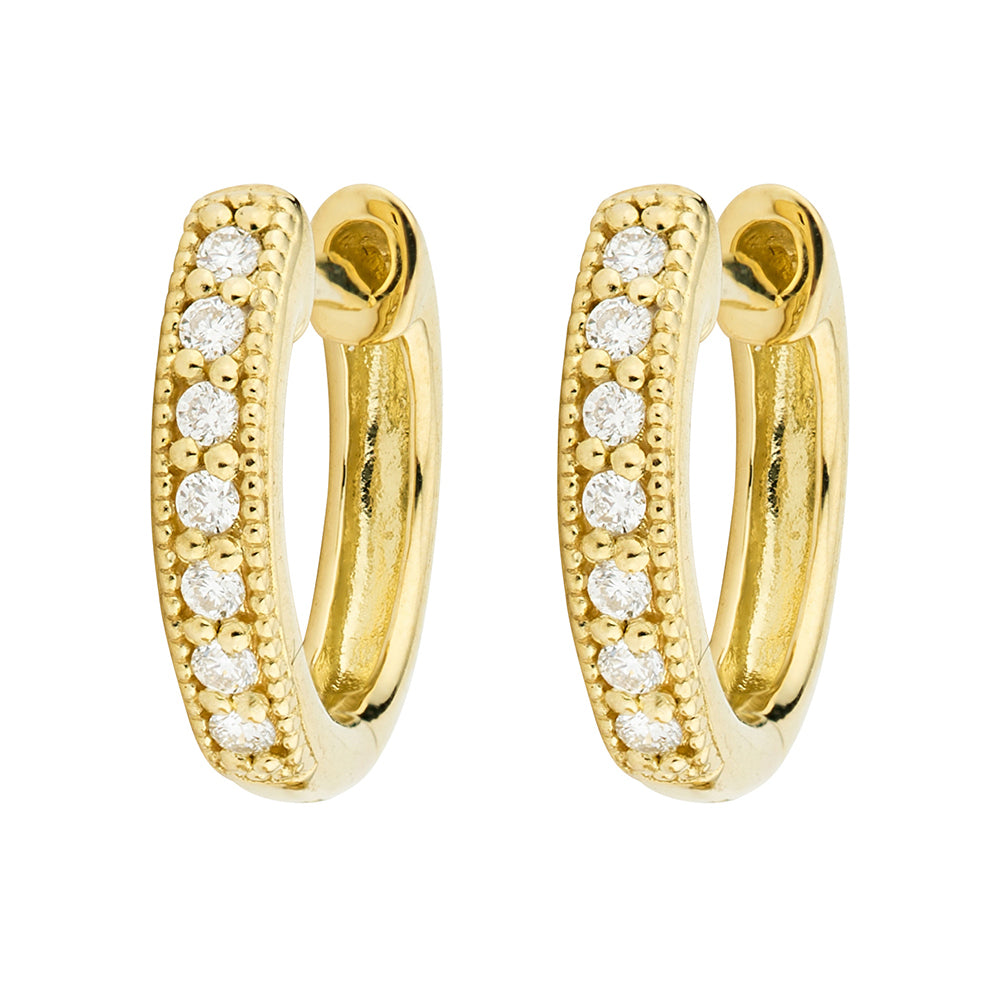 18K Yg Huggie Hoop Earrings with Pave White Diamonds (0.11 Tcw)