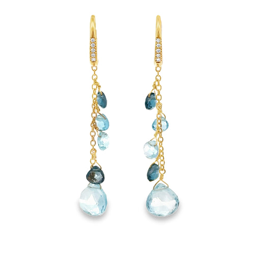 18K Yellow Gold Blue Topaz Accent Drop Earrings (0.06 ct Diamonds)