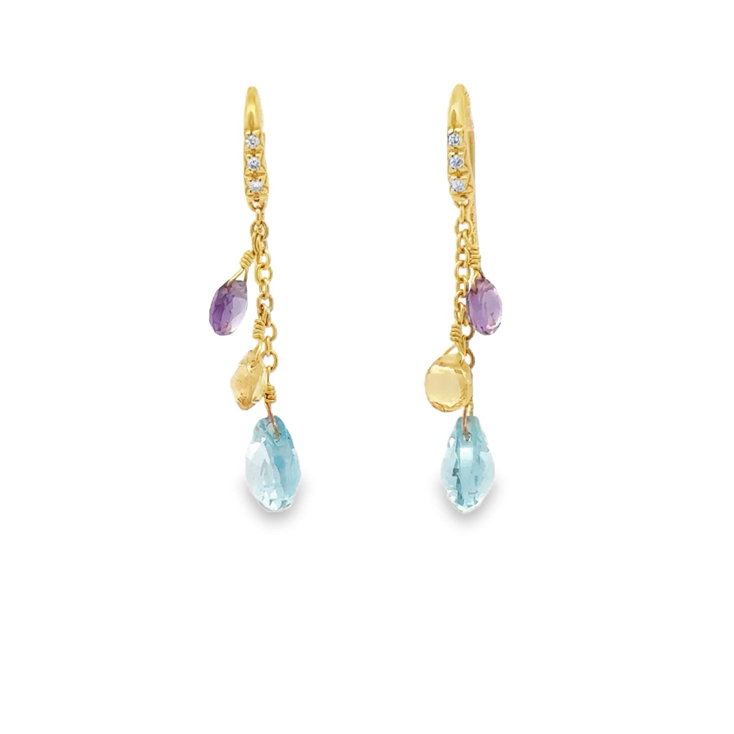 18K Yellow Gold Blue Topaz & Amethyst Accents Drop Earrings - Round Brilliant Cut Diamonds (0.05ct)