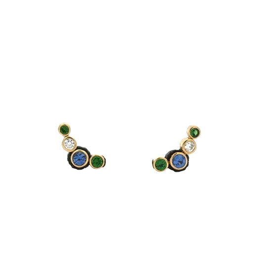 18K Yellow Gold Cobalt Chrome Sapphire & Diamond Stud Earrings