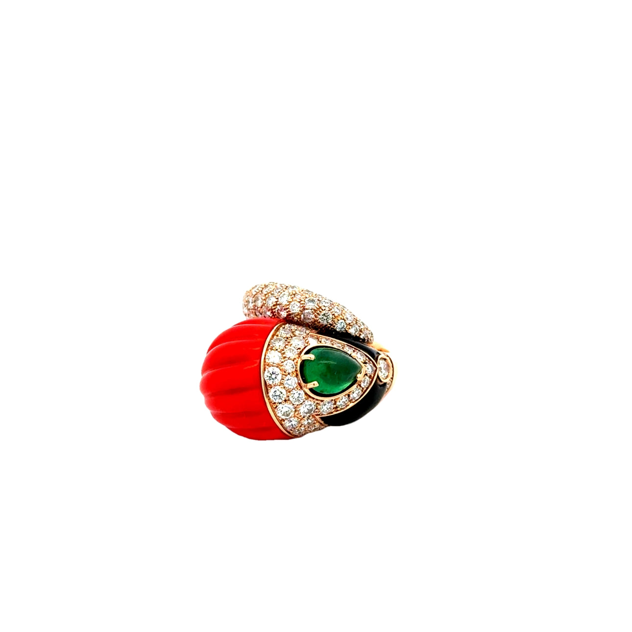 18K Rose Gold Coral & Emerald Diamond Ring - Black Onyx - Multiple Round Brilliant Cut Diamonds (2.11ct)
