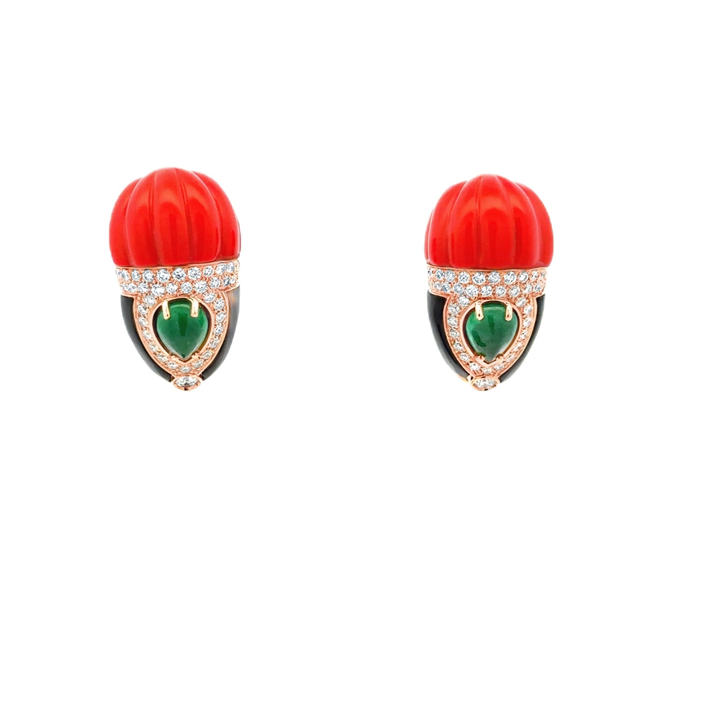 18k Rose Gold Coral & Emerald Diamond Earrings - Black Onyx
