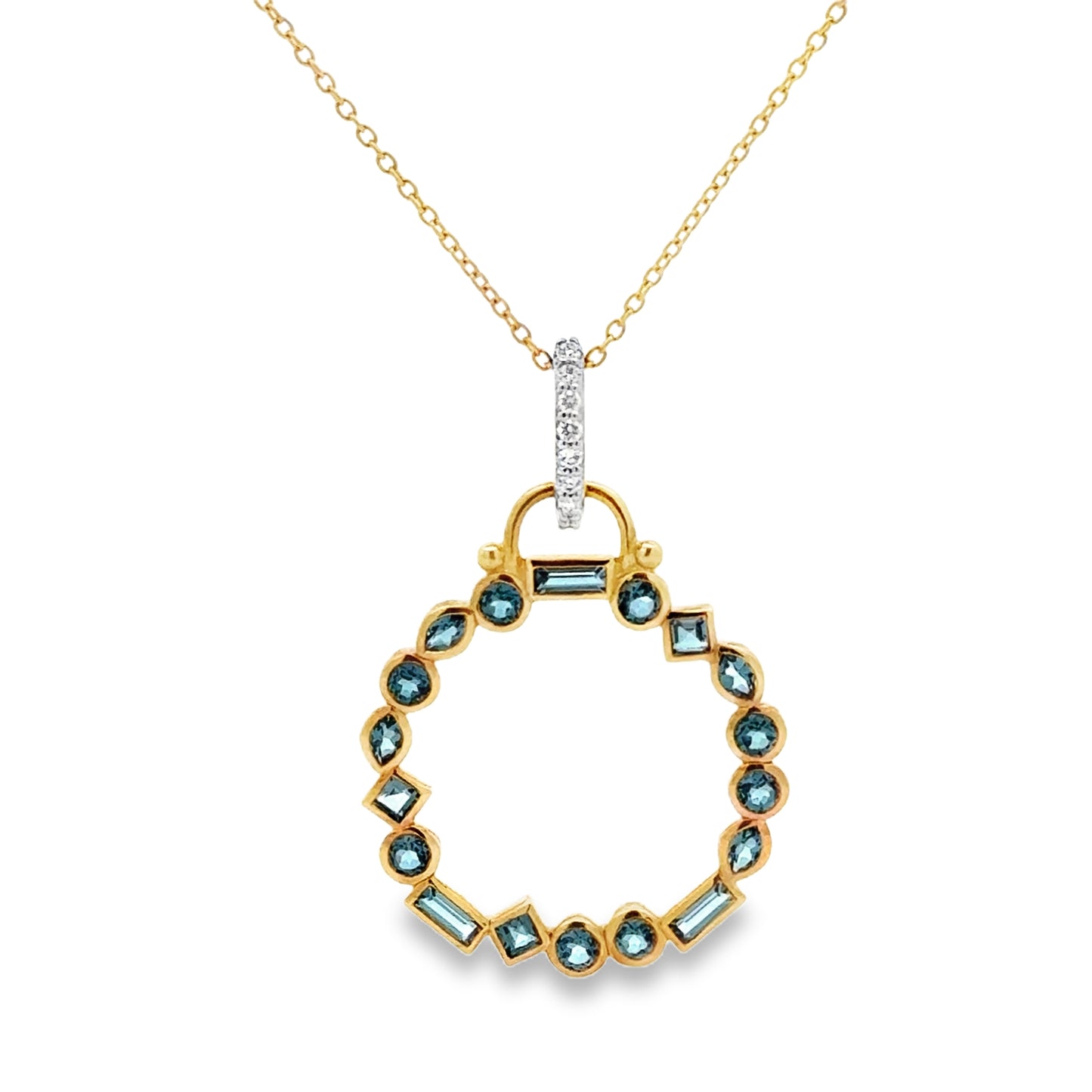 18K Yellow Gold Mix Cut London Blue Topaz & Diamond Pendant Necklace