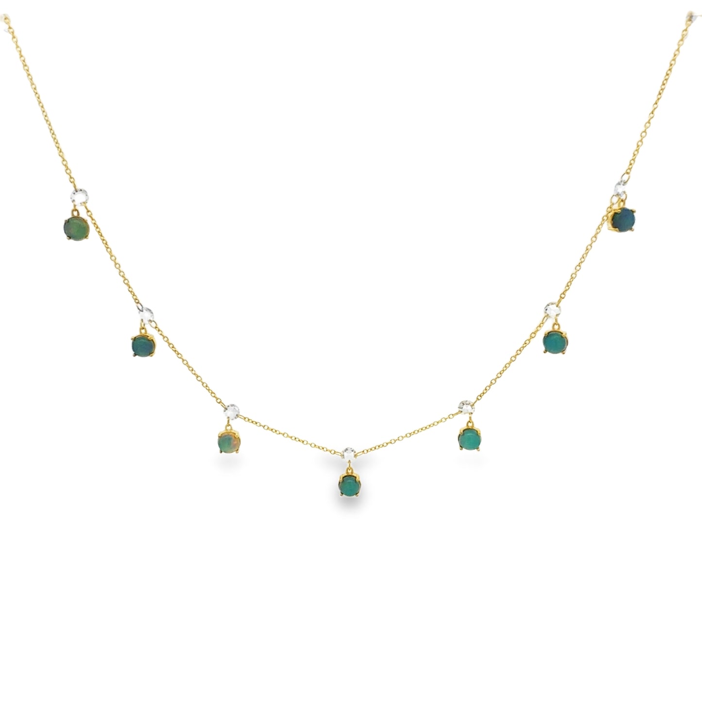 18K Yellow Gold Opal Necklace 7 Round Ethiopian Opal (0.74ct Diamonds)