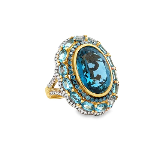 18K Yellow Gold London Blue Topaz & Diamond Halo Ring