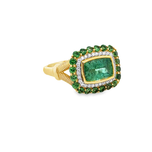 18K Yellow Gold Green Tourmaline & Tsavorite Diamond Halo Ring