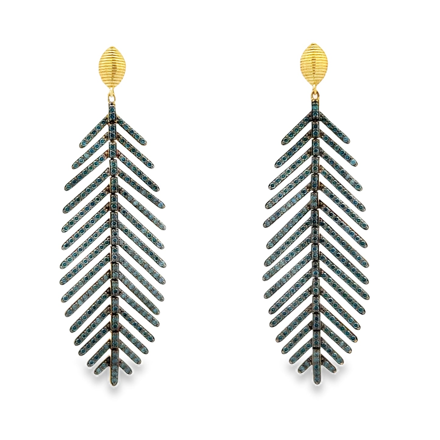 18K Yellow Gold Blue Diamond Feather Drop Earrings (2.35ct)