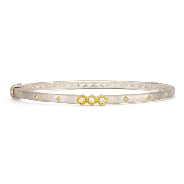 18K Yellow Gold and Sterling Silver Three Diamond Hexagon Bangle
