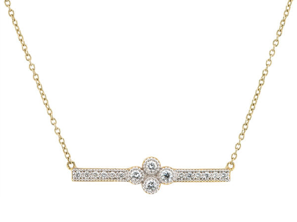 18K Yellow Gold Provence Bar Necklace Round Diamond Pave