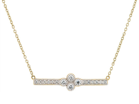 18K Yellow Gold Provence Bar Necklace Round Diamond Pave