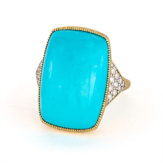 18k Yellow Gold & Silver Cushion Cut Cabochon Turquoise Ring