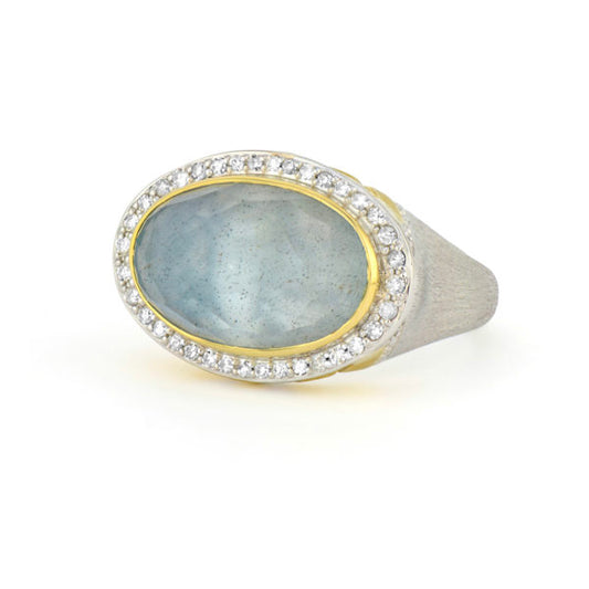 18K Yellow Gold & Silver Diamond Pave Halo East West Oval Moonstone Ring