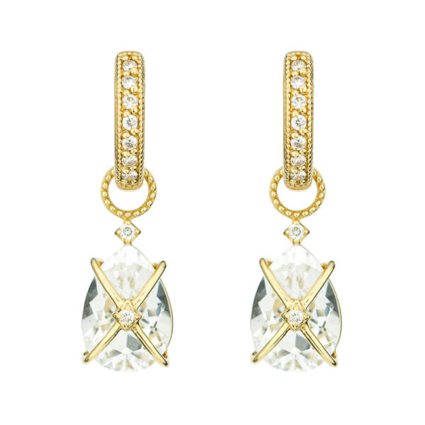 18K Yellow Gold Tiny Criss Cross Wrapped Pear White Topaz Earring Charms (0.03ct Diamonds) & Diamond Bangle Bracelet (0.03ct Diamonds)