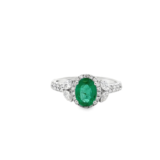14K White Gold Emerald & Diamond Fashion Ring