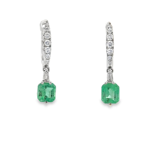 18k White Gold Colombia Emerald  & Diamond Drop Earrings